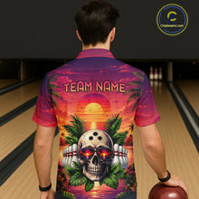 Load image into Gallery viewer, Person wearing a colorful bowling shirt with a skull design and 'Team Name' text in a bowling alley.