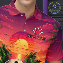 Load image into Gallery viewer, Hawaiian shirt with sunset design and palm trees, featuring a logo and text space.