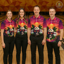 Load image into Gallery viewer, Four people wearing matching shirts with a skull design in a bowling alley.