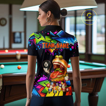 Load image into Gallery viewer, Person wearing a colorful shirt with a graphic design in a pool hall.