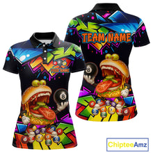 Load image into Gallery viewer, Colorful polo shirt with a burger and billiards design, featuring 'Chiptee Amz' branding.