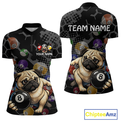 Two views polo shirts with pug dogs and billiard balls design, one with 'Team Name' text and the other with 'Your Name' text, featuring the brand 'Chiptee Amz'.
