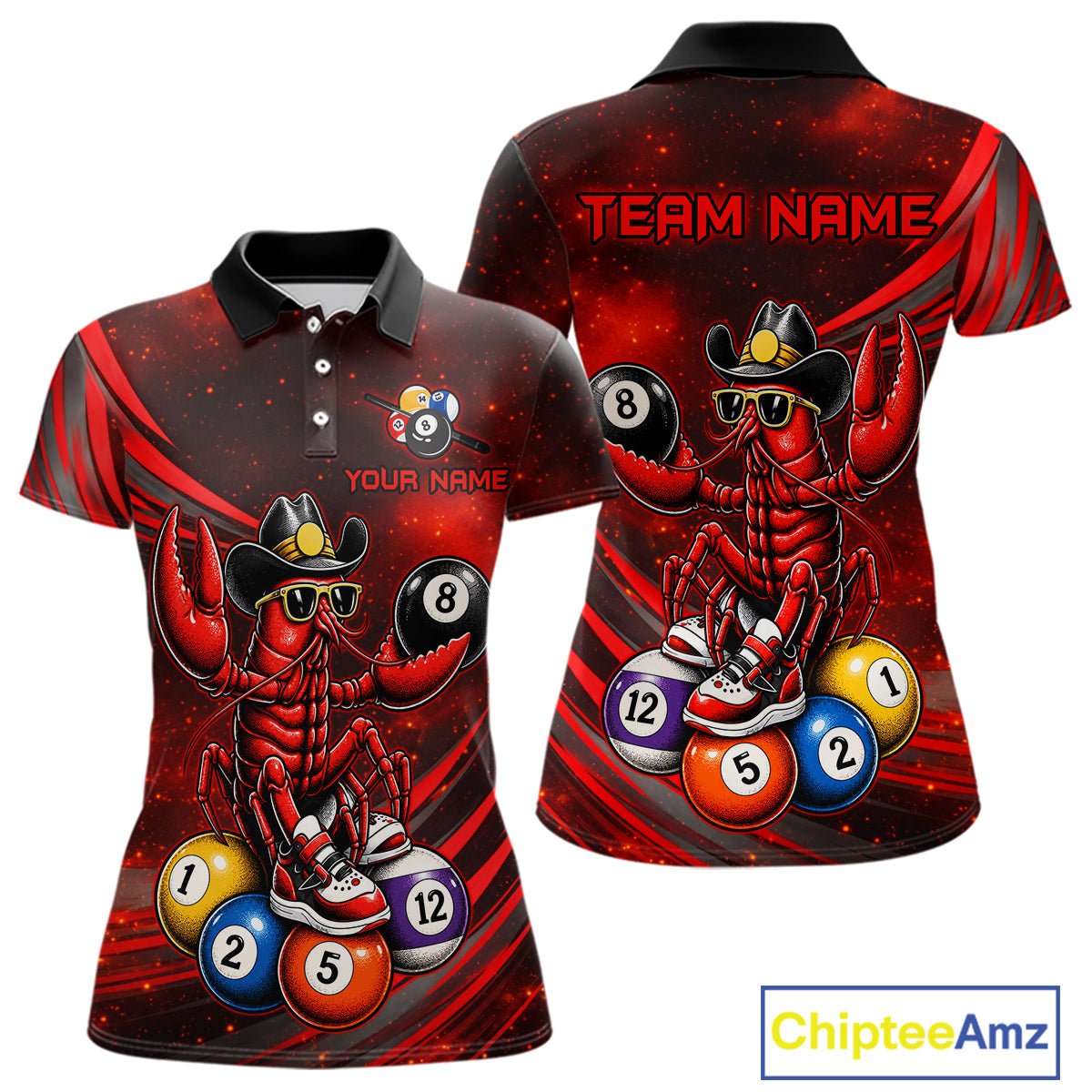 Red and black polo shirt with a crawfish design and billiard balls, featuring 'Team Name' and 'Your Name' text.