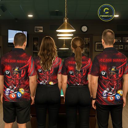 Four people wearing matching red and black sports jerseys with a team logo in a bar setting.