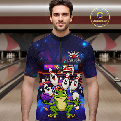 Custom Funny Frog Bowling Shirt for Men Polo & Quarter-Zip Bowling Team Jersey League QZT1006