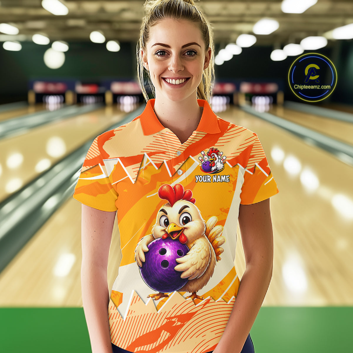 Custom Orange Funny Chicken Bowling Shirt for Women Bowling Team Jersey Polo & 1/4-Zip QZT1009
