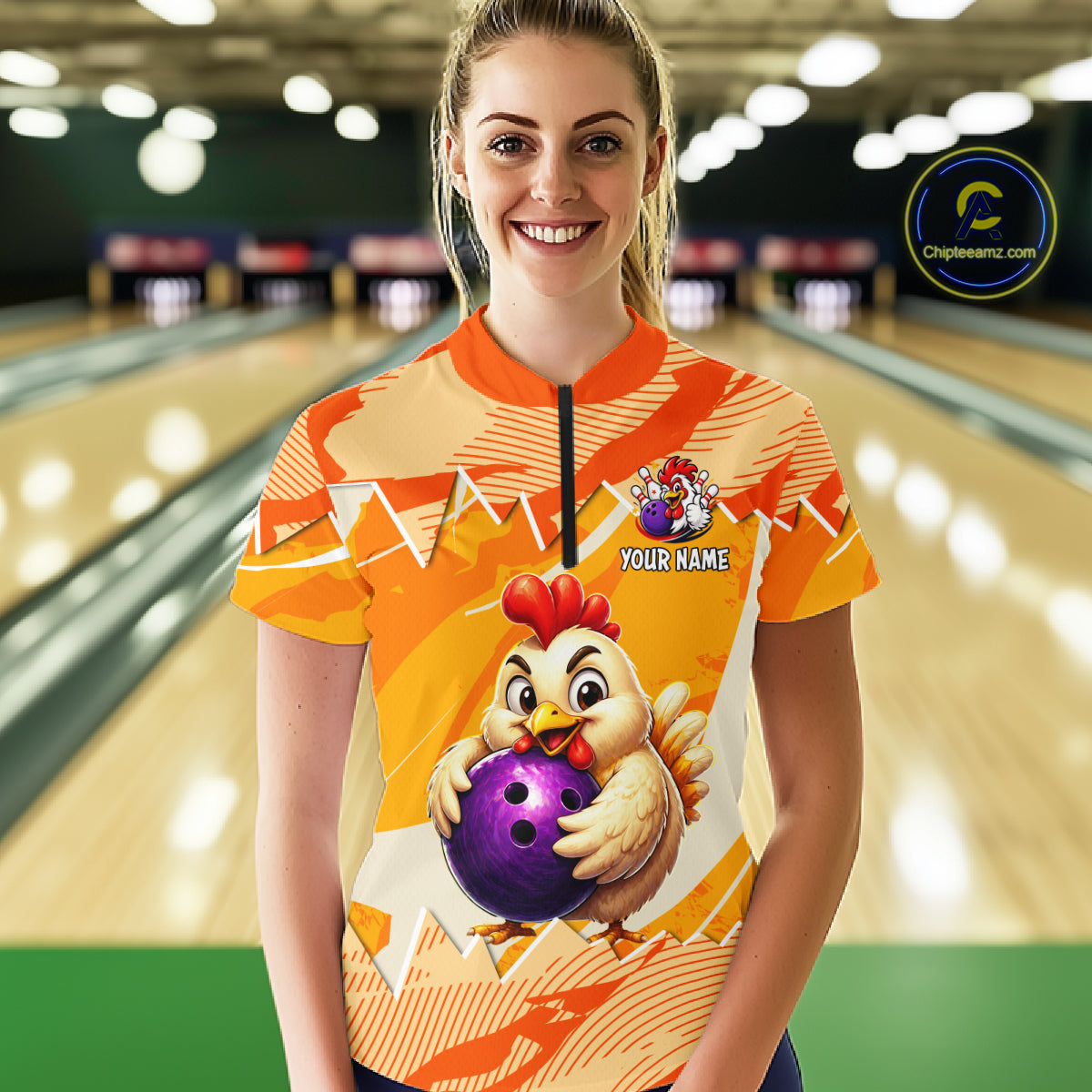 Custom Orange Funny Chicken Bowling Shirt for Women Bowling Team Jersey Polo & 1/4-Zip QZT1009