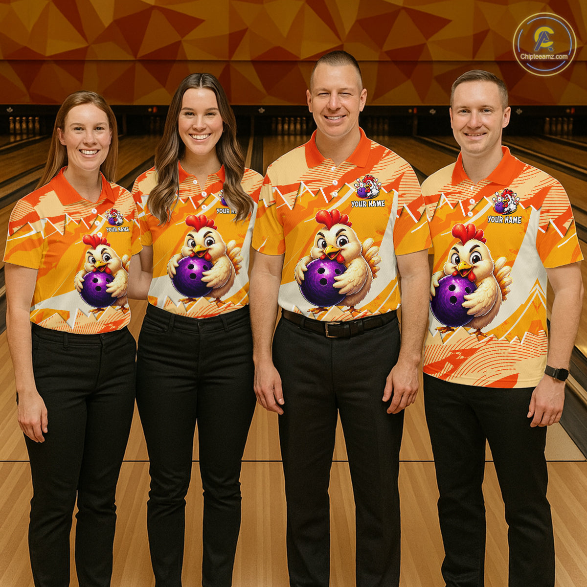 Four people wearing matching bowling shirts with a cartoon chicken design on a bowling alley.
