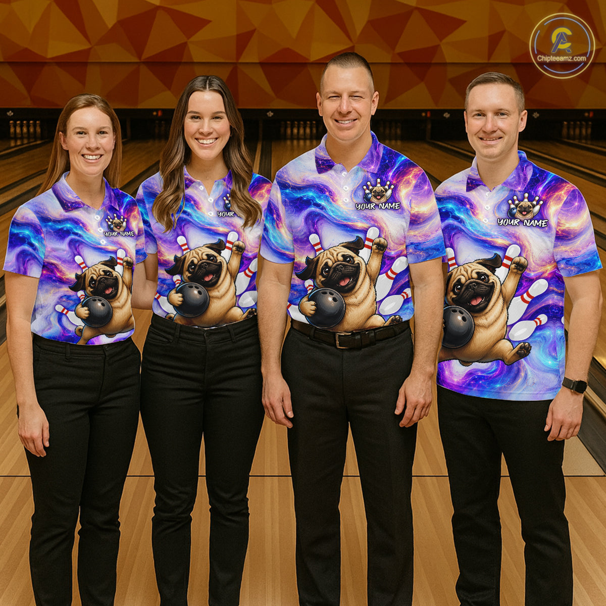 Four people wearing matching colorful shirts with pug graphics on a bowling alley.