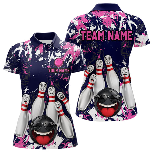 Navy Pink Funny Bowling Team Shirt for Women Bowling League Jersey Polo & 1/4 Zip Bowler Outfit QZT781