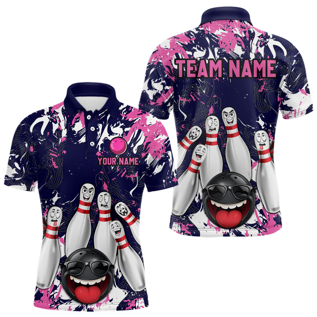 Navy Pink Funny Bowling Team Shirt for Men Bowling League Jersey Polo & 1/4 Zip Bowler Outfit QZT781