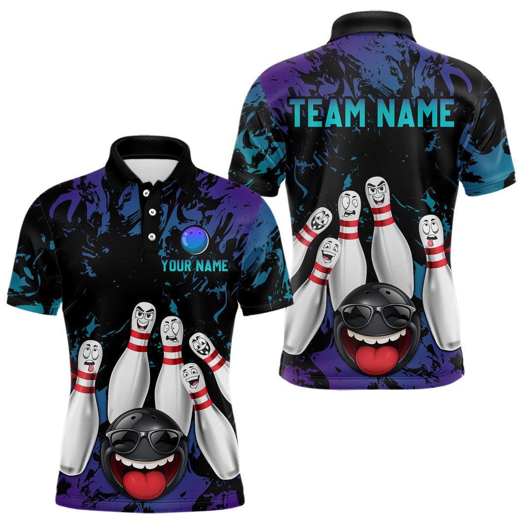 Teal Purple Funny Bowling Team Shirt for Men Custom Bowling League Jersey Polo Bowler Outfit QZT781