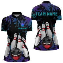 Load image into Gallery viewer, Teal Purple Funny Bowling Team Shirt for Women Custom Bowling League Jersey Polo Bowler Outfit QZT781