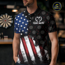 Load image into Gallery viewer, Male model wearing a personalized darts polo shirt highlighting a half-shirt grunge US flag print and a custom darts wreath logo on the chest