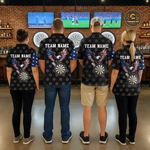 Load image into Gallery viewer, Darts team standing together in a pub, showing the back of their uniform shirts featuring an impressive eagle dartboard design and 'TEAM NAME' text