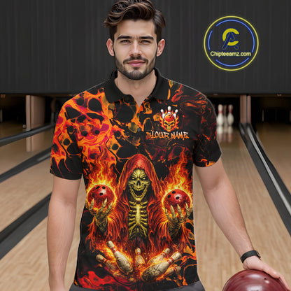 Custom Flame Skeleton Bowling Shirt for Men Bowling Jersey Polo & Quarter-Zip Bowling Outfit QZT1011