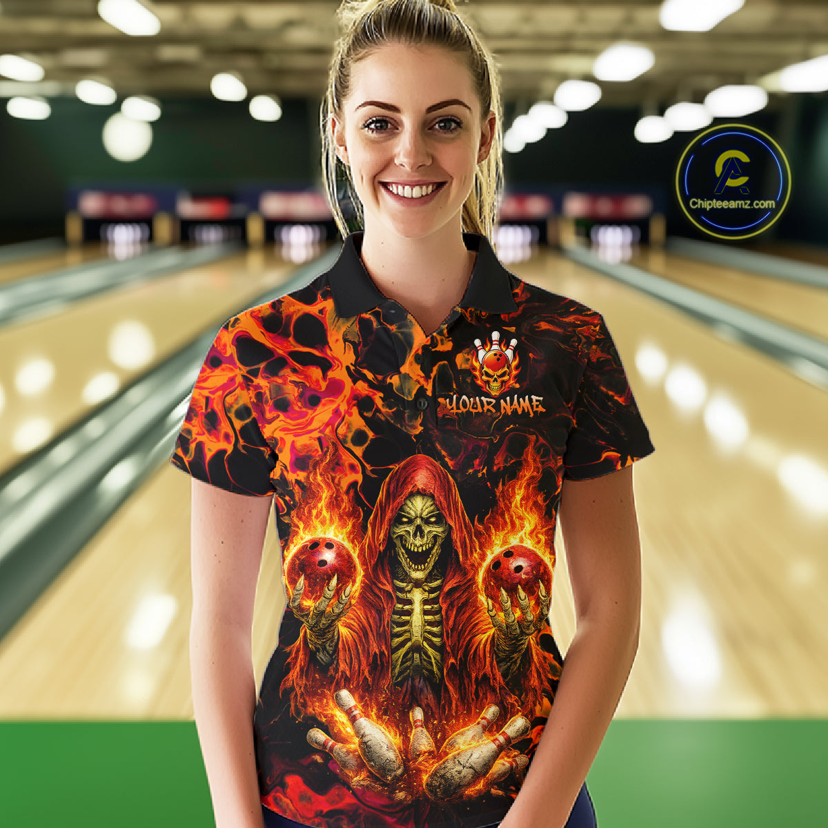 Custom Flame Skeleton Bowling Shirt for Women Bowling Jersey Polo & 1/4-Zip Bowling Outfit QZT1011