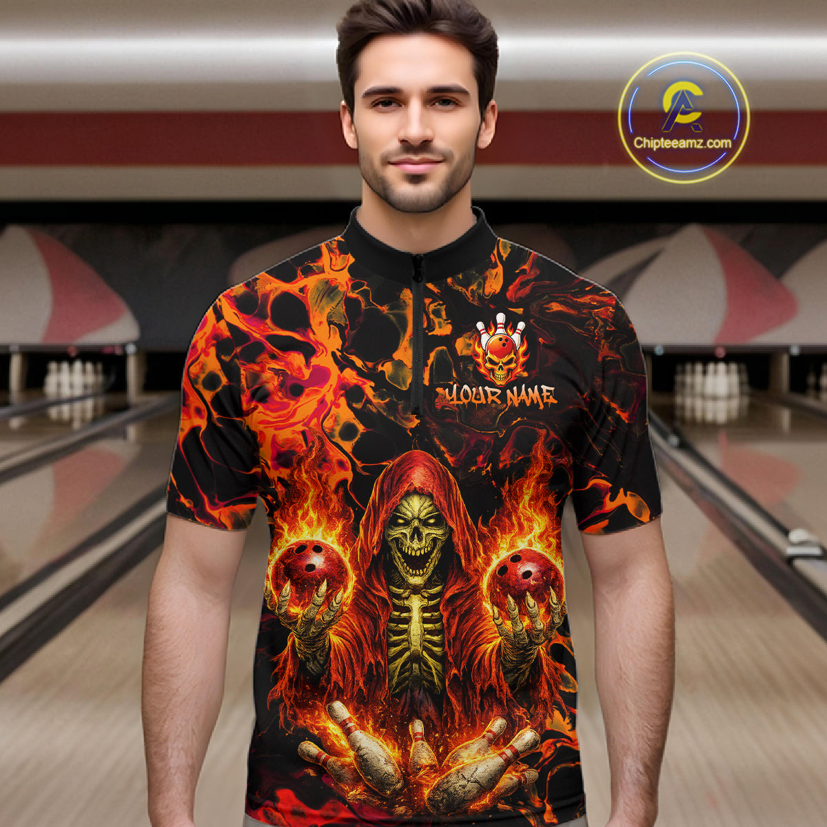 Custom Flame Skeleton Bowling Shirt for Men Bowling Jersey Polo & Quarter-Zip Bowling Outfit QZT1011