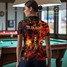 Load image into Gallery viewer, Person wearing a fiery-themed shirt with a pool table in the background
