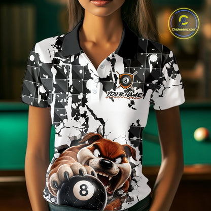 Person wearing a black and white patterned polo shirt with a bear and pool ball design, set against a pool table background.