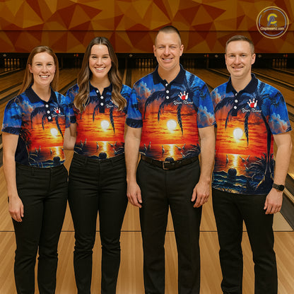 Custom Bowling Jersey Polo & 1/4 Zip Sunset Tropical Sublimated Bowling Shirt for Women QZT836