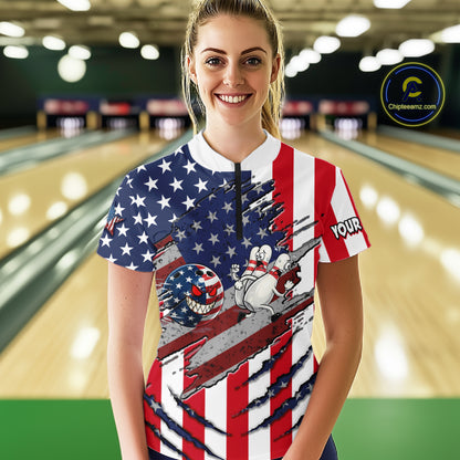 Custom American Flag Bowling Shirt Funny Blue Red White Bowling Jersey for Women Polo & Quarter-Zip QZT929
