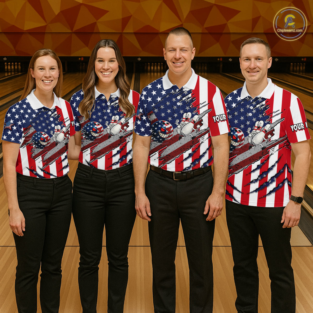 Custom American Flag Bowling Shirt Funny Blue Red White Bowling Jersey for Men Polo & Quarter-Zip QZT929