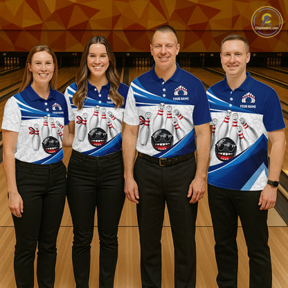 Blue Funny Bowling Shirt Custom Pattern Bowling Team Jersey Polo & 1/4-Zip Bowling Gift for Men QZT930