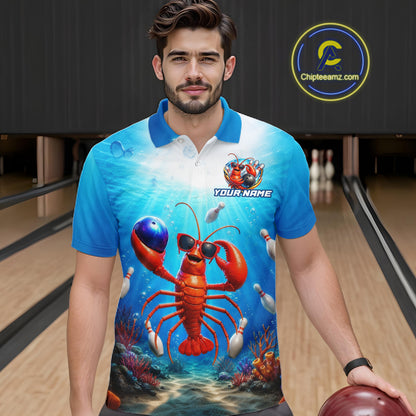 Man wearing a colorful polo shirt with a lobster design on a bowling alley.