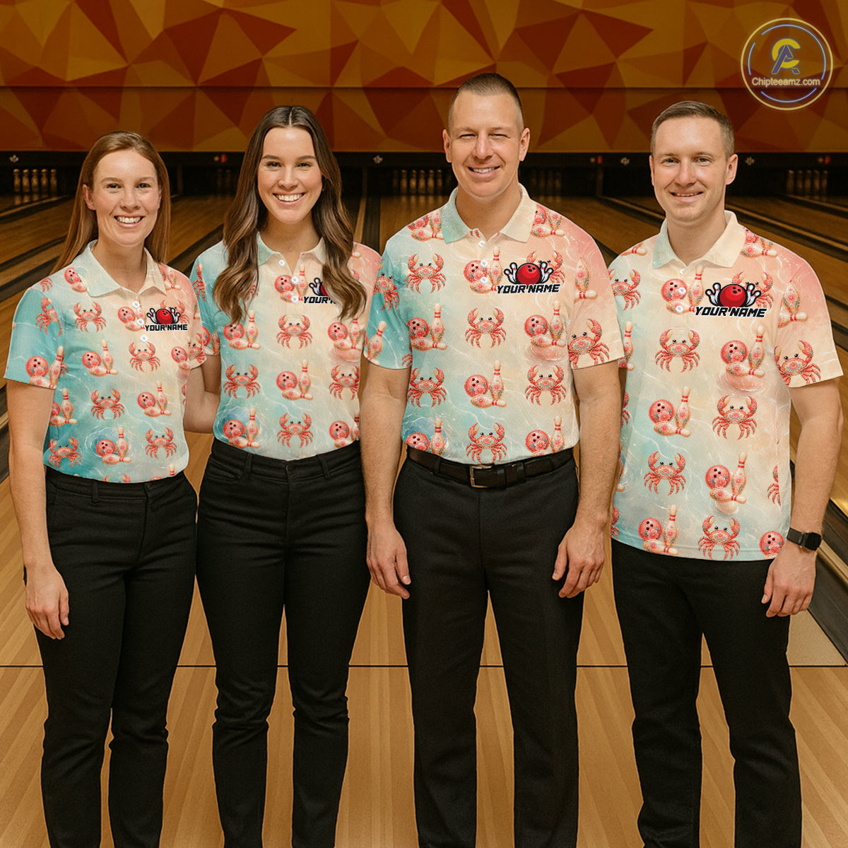 Four people wearing matching shirts with a crabs pattern in a bowling alley.
