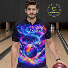 Load image into Gallery viewer, Man wearing a colorful bowling-themed shirt with a bowling alley in the background