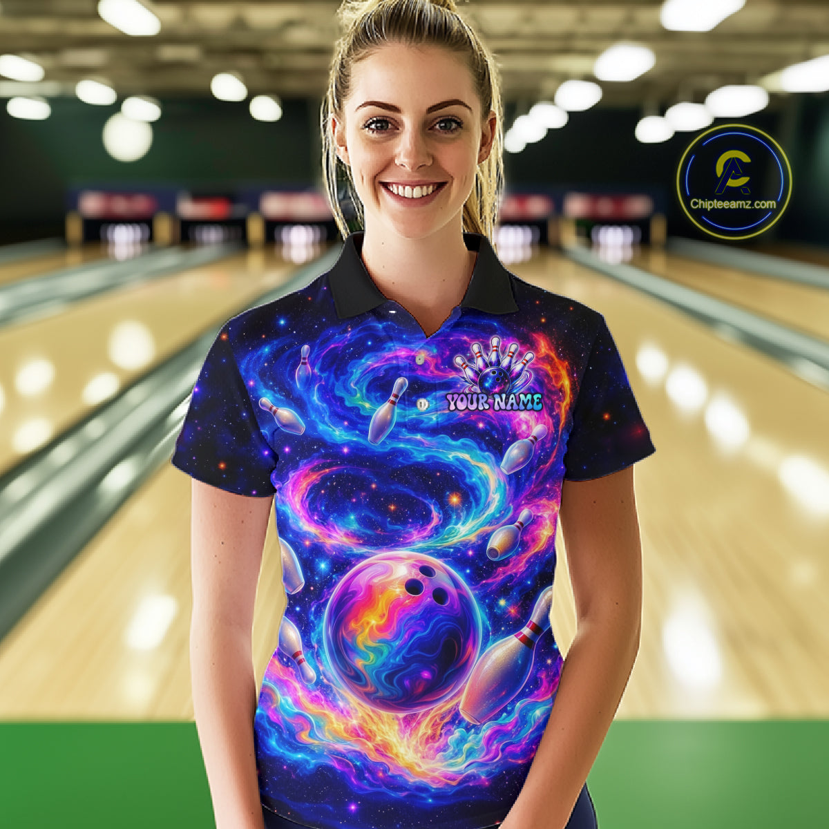 Person wearing a colorful bowling shirt with a bowling alley in the background