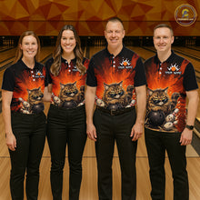 Load image into Gallery viewer, Four people wearing matching bowling shirts with a cat design on a bowling alley.