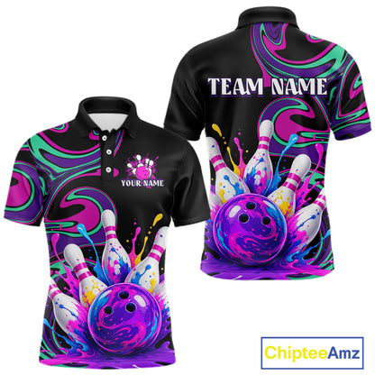 Black bowling-themed polo shirt with colorful design and space for customization on a white background.