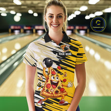 Load image into Gallery viewer, Person wearing a bowling shirt with a pizza design in a bowling alley.