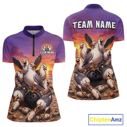 Custom Sunset Funny Gull Team Bowling Shirt for Women Bowling League Jersey Polo & Quarter-Zip QZT1017