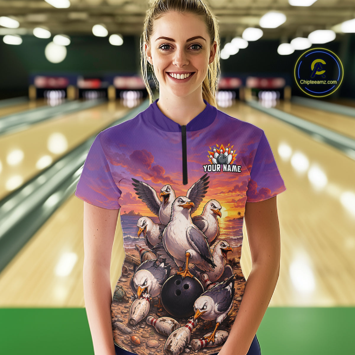 Custom Sunset Funny Gull Team Bowling Shirt for Women Bowling League Jersey Polo & Quarter-Zip QZT1017