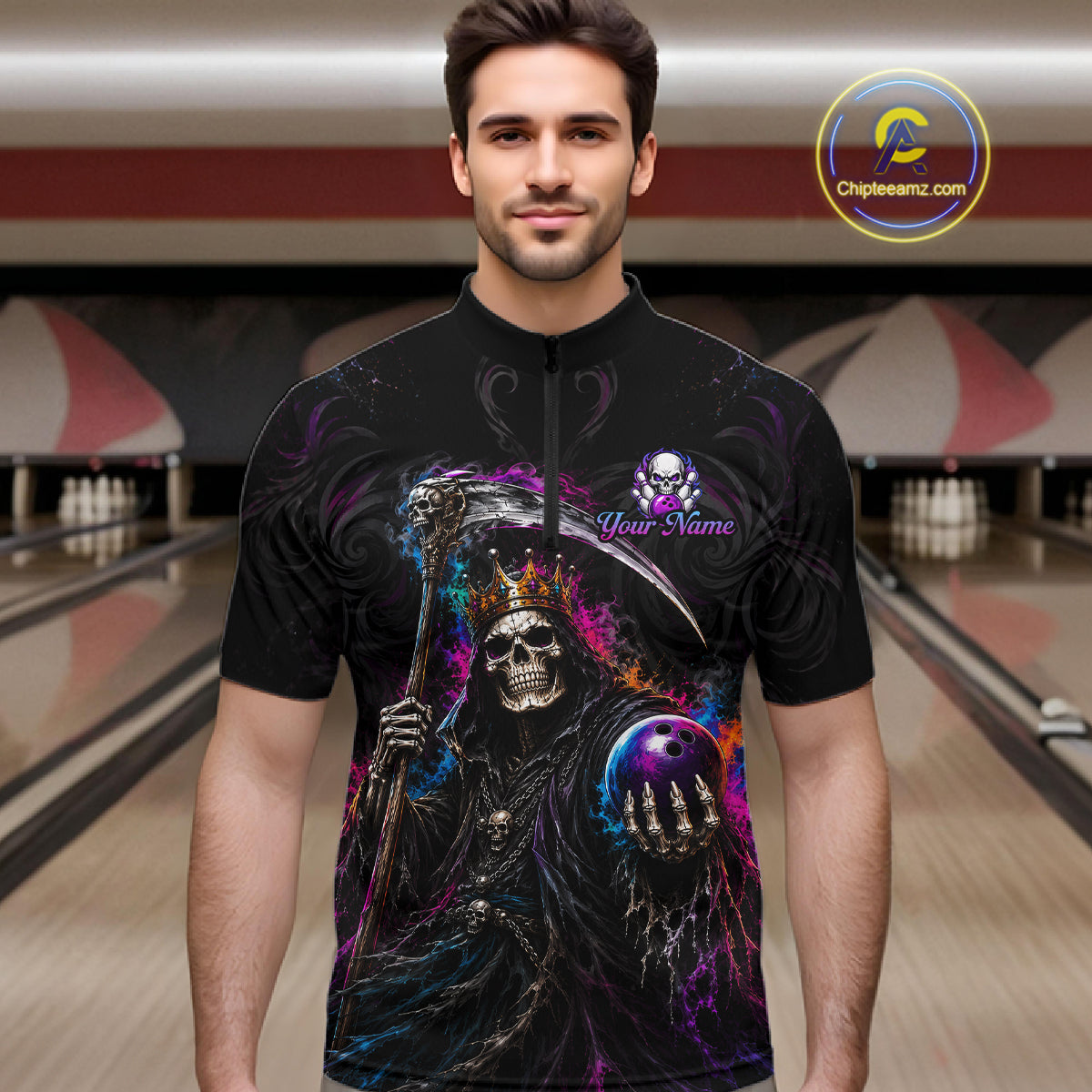 A man wearing a black short-sleeve cycling jersey with a detailed graphic of a grim reaper holding a scythe and a bowling ball, set against a bowling alley background. 