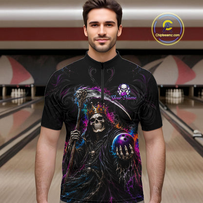 A man wearing a black short-sleeve cycling jersey with a detailed graphic of a grim reaper holding a scythe and a bowling ball, set against a bowling alley background. 