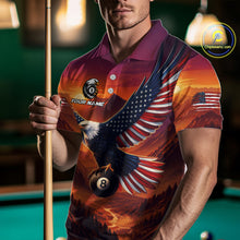 Load image into Gallery viewer, Man wearing a colorful polo shirt with an eagle design and pool cue in front of a pool table.