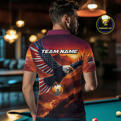 Person wearing a polo shirt with an eagle and 9-ball design in a bar setting
