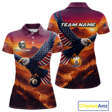 Load image into Gallery viewer, Polo shirt with eagle design, American flag, and billiard ball on a scenic background, featuring 'Chiptee Amz' branding.