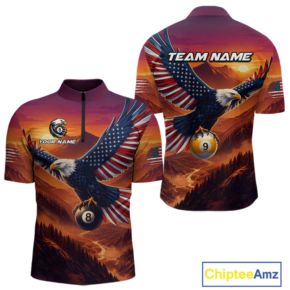 Shirt with eagle design and American flag, featuring 'Team Name' and 'Chiptee Amz' branding.