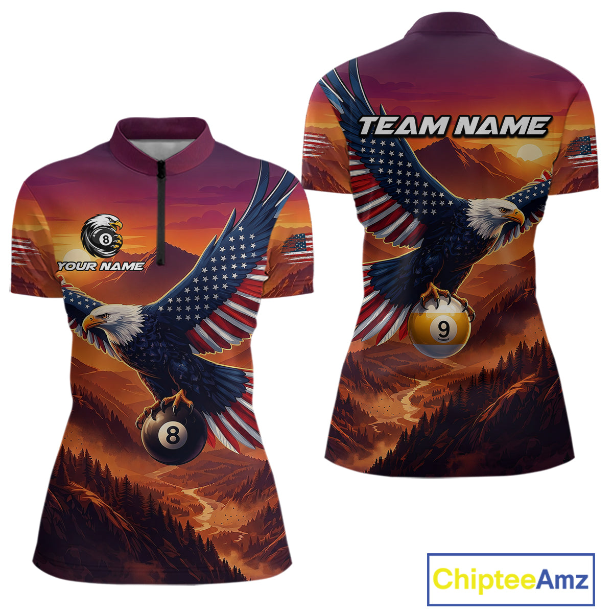 Customizable polo shirt with eagle and billiard ball design, featuring 'Your Name' and 'Team Name' text.