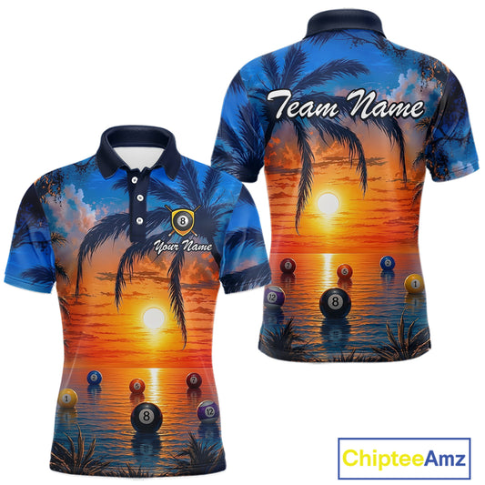 Two views of polo shirts with a tropical sunset design featuring pool balls and palm trees, one with 'Team Name' and 'Your Name' text, the other with 'ChipteeAmz' branding.