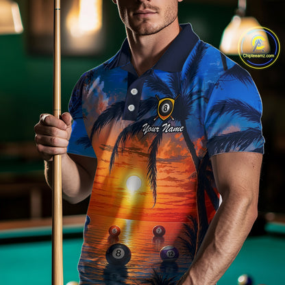 Man wearing a colorful polo shirt with palm trees and pool ball design, holding a pool cue.