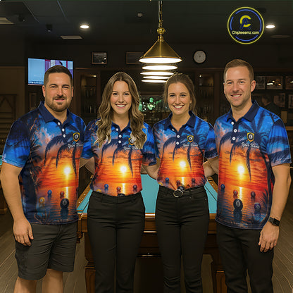 Four people wearing matching blue and orange shirts with a sunset design in a bar setting.