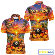 Load image into Gallery viewer, Colorful polo shirt with tropical design, pool balls, and fruits on a sunset background.