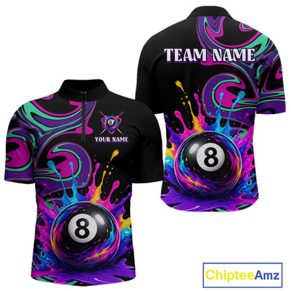 Black short-sleeve quarter-zip shirt shown from the front and back with a colorful psychedelic splash design featuring an 8-ball motif, purple 'TEAM NAME' text on the back, and customizable text on the front. 
