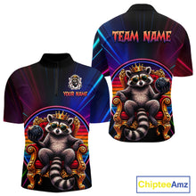 Load image into Gallery viewer, Two views of neon quarter-zip jersey with raccoon design and customizable text on a white background